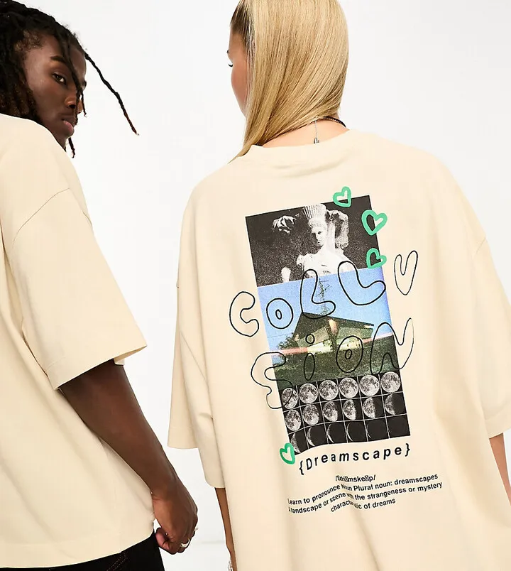 COLLUSION Unisex pique photographic back print t-shirt in stone