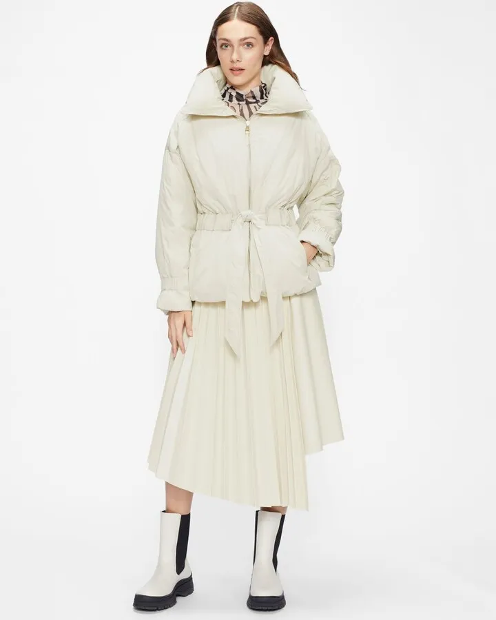 Belted Puffer Jacket in White