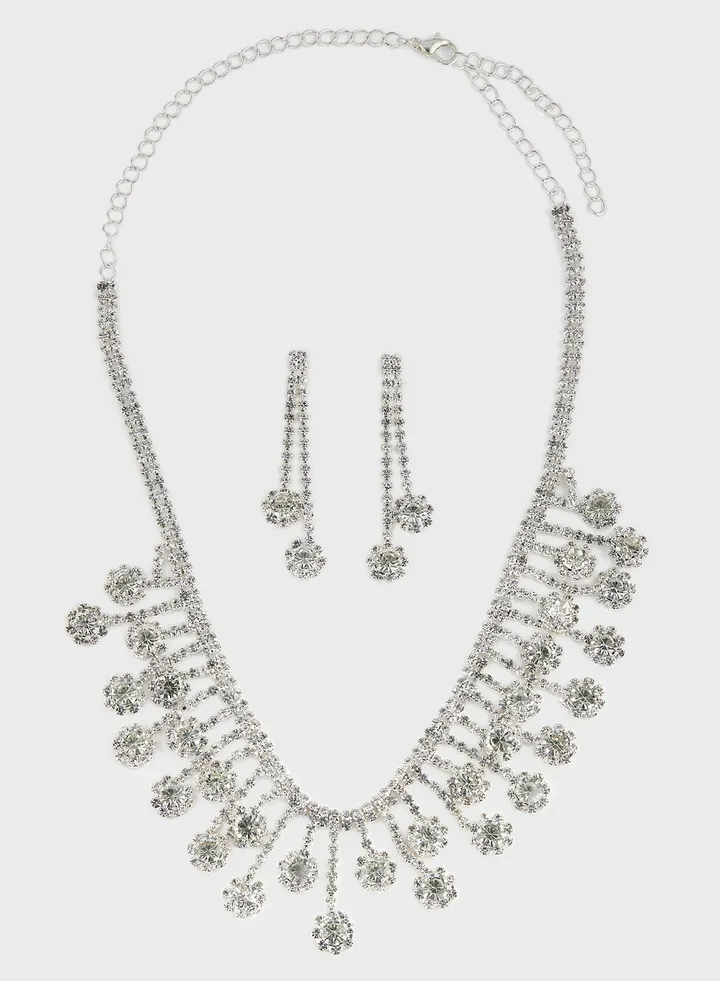 Rhinestone Floral Necklace & Drop Earring Set