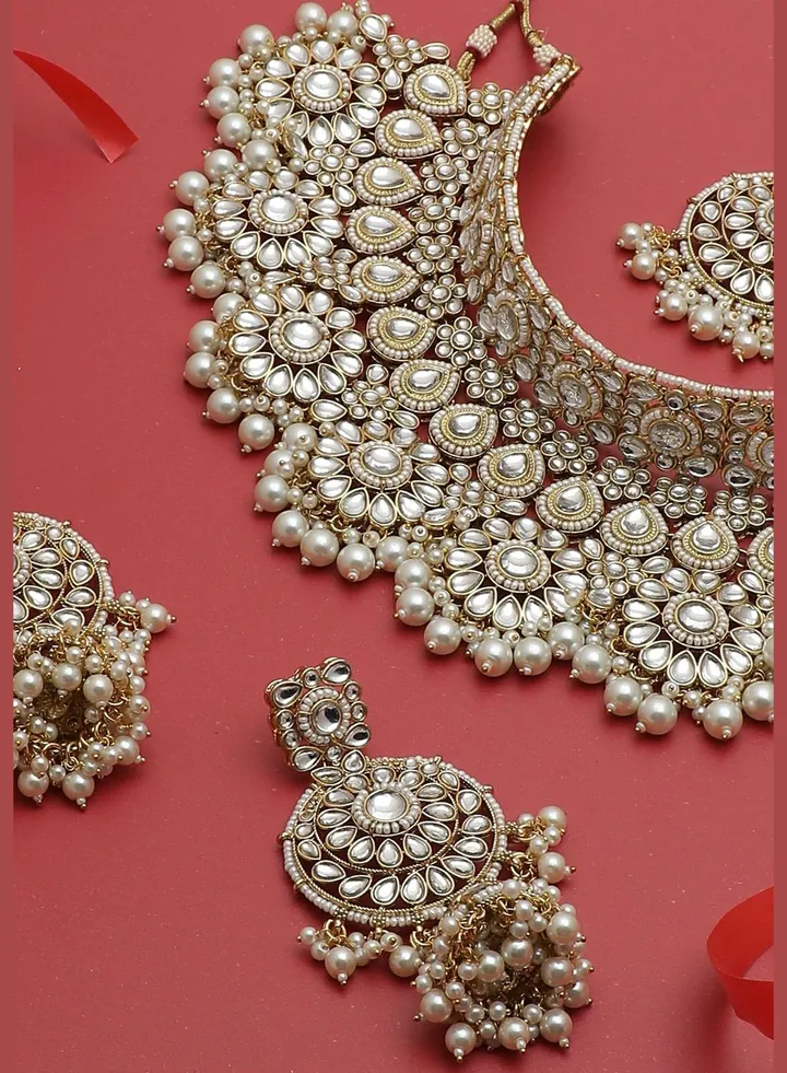 Gold Plated Kundan Necklace, Earrings and Maang Tikka Set