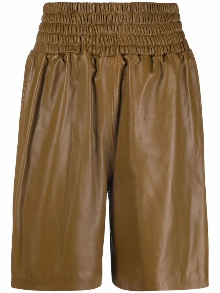 High Smocked-Detail Leather Shorts
