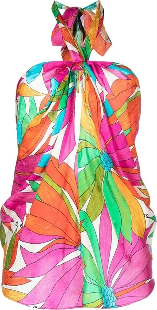 Leaf-Print Halterneck Blouse