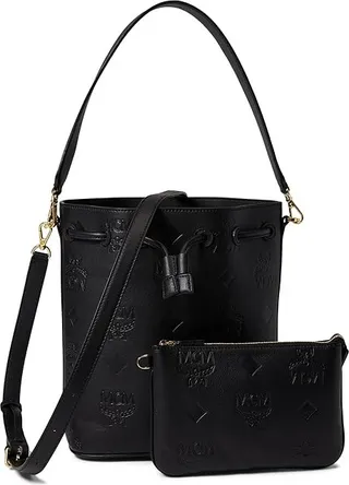MCM Dessau Embroidered Monogram Leather Drawstring Medium (Black) Handbags