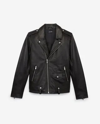 Zipped black leather biker jacket