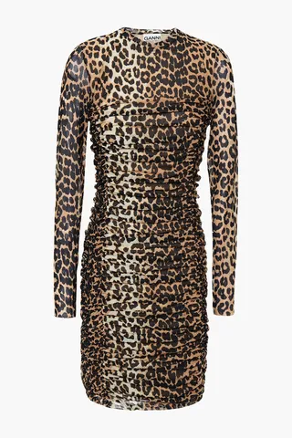 Ruched leopard-print stretch-mesh mini dress
