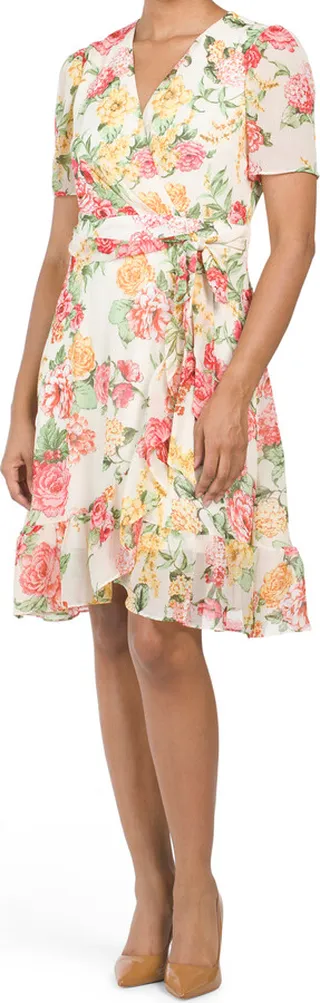 Short Sleeve Ruffle Faux Wrap Mini Dress