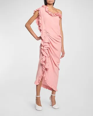 Dinas Ruched One-Shoulder Midi Dress with Ruffle Trim