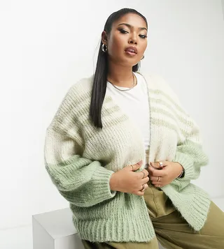 Vero Moda Curve knitted cardigan in sage stripe