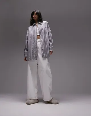Topshop oversized crinkle deep cuff stripe shirt in gray