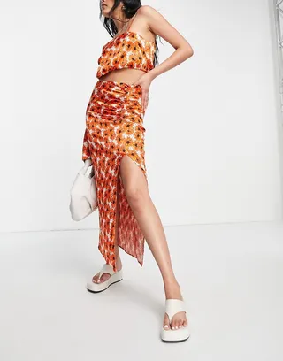 Topshop ruched split front poppy print midi skirt in red - part of a set