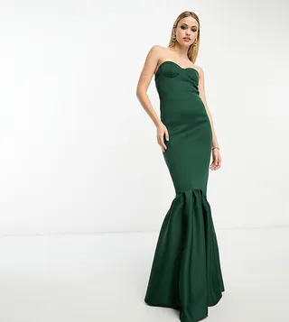 ASOS DESIGN Tall bandeau peplum hem maxi dress in dark green