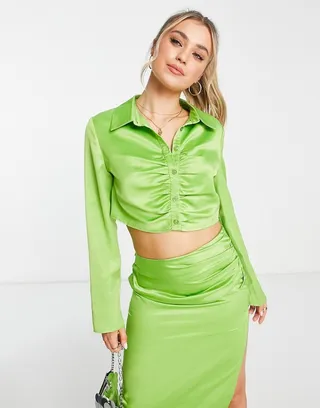 In The Style exclusive cropped ruched shirt in lime - part of a set