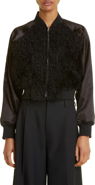 Frill Embroidered Satin Bomber Jacket