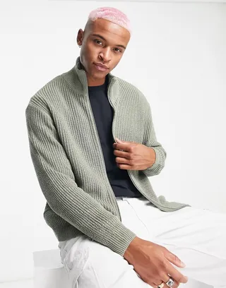 ASOS DESIGN knitted oversized fisherman rib zip through sweater in sage green