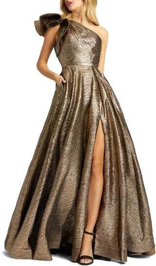Crinkle Metallic Ruffle One Shoulder Gown