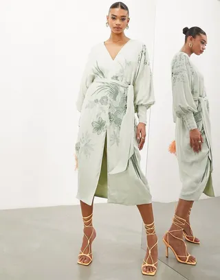 ASOS EDITION phoenix embroidered satin belted V-neck midi dress in sage green