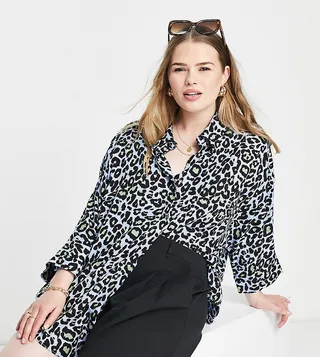 ASOS DESIGN Curve oversized long sleeve shirt in blue leopard print