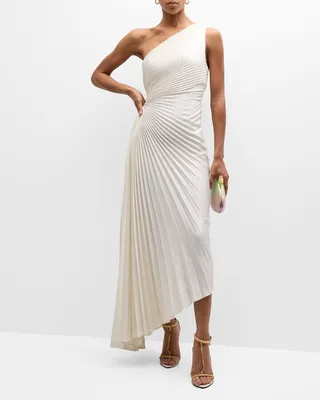 Delfina Pleated Long Asymmetric One-Shoulder Dress