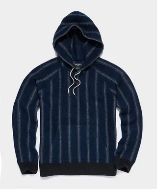 Boucle Vertical Stripe Wool Pullover Hoodie in Original Navy