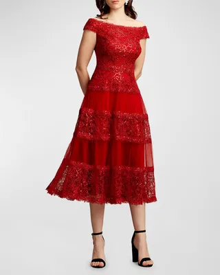 Bateau-Neck Lace Midi Dress
