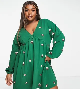 ASOS DESIGN Curve v neck smock mini dress with all over daisy embroidery in forest green