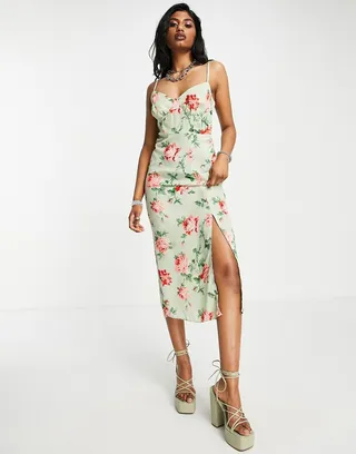 ASOS DESIGN bust cup cami midi dress with split in sage floral print