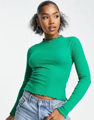 Monki lettuce edge long sleeve top in green