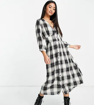 Stradivarius long sleeve midi dress in check