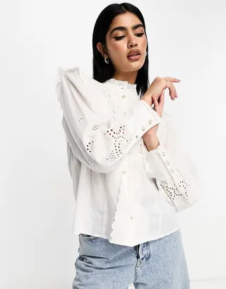 Vila broderie high neck blouse with ruffle detail in cream
