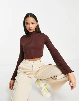 Miss Selfridge ribbed flare sleeve lettuce top in chocolate