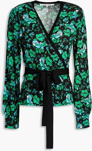 Printed merino wool wrap cardigan