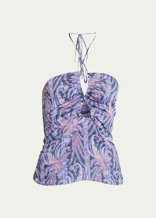 Becki Paisley-Print Ruched Keyhole Halter Top