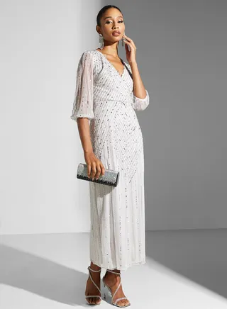 Wrap Neck Mesh Detail Dress