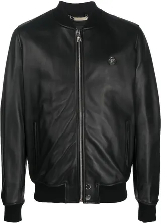 Skull-Embossed Leather Bomber Jacket
