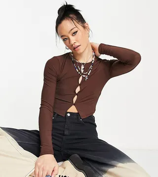 Bershka button down crop top in chocolate brown