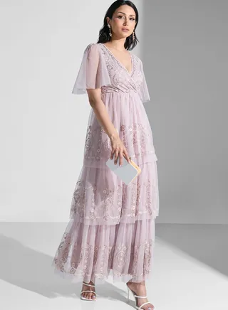 Ruffle Sleeve Tiered Plunge Neck Dress