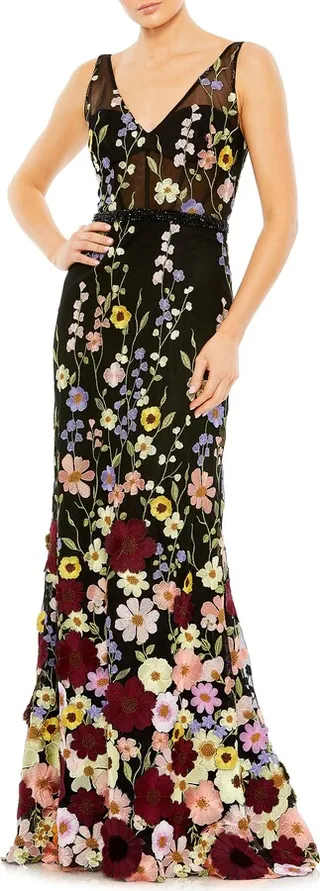 Embroidered Floral Tulle A-Line Gown