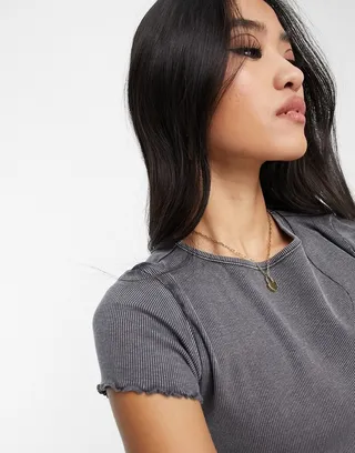 Miss Selfridge acid wash lettuce edge tee in gray