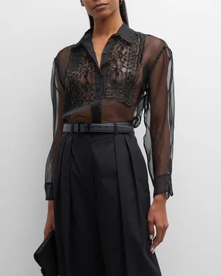 Noel Sheer Button-Front Shirt with Lace Bib