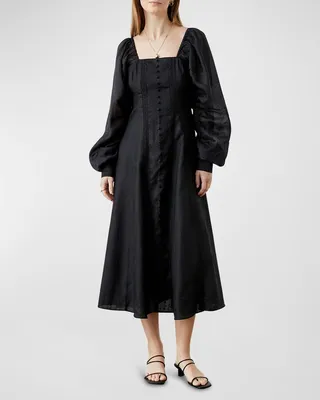 Mahla Blouson-Sleeve Linen Midi Dress