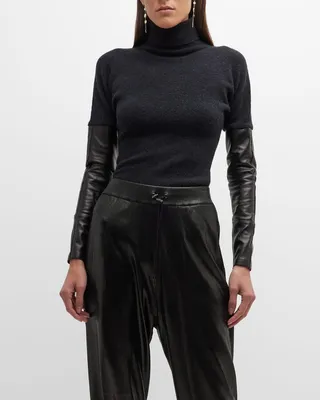 Leather-Sleeves Turtleneck Sweater