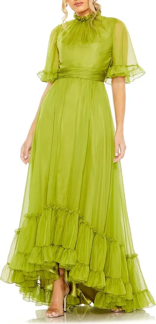 Ruffle High Neck Flutter Sleeve A-Line Gown