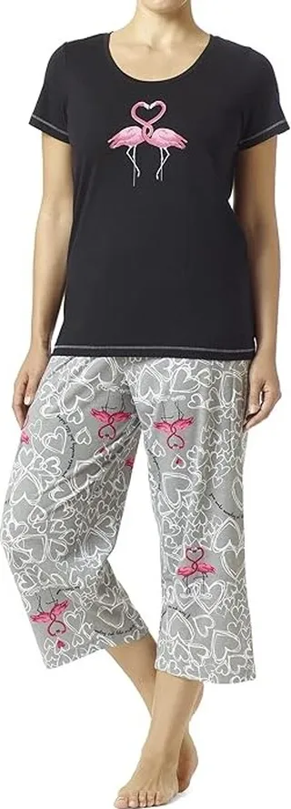 HUE Cotton Knit Tee Capris PJ Set (Black) Women's Pajama Sets
