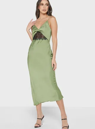 Cowl Neck Lace Trim Strappy Dress