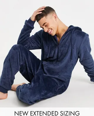 ASOS DESIGN lounge onesie in navy fleece