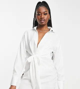 In The Style exclusive knot front shirt dress in white
