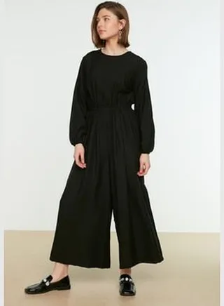 Black Crew Neck Elastic Waist, Comfortable Cut, Wide Leg Jumpsuit TCTSS21TU0206