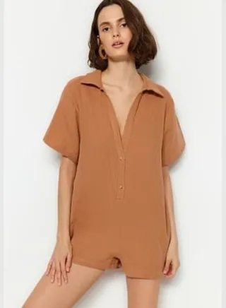 Brown Wide-Purple Woven 100% Cotton Jumpsuit TBESS23TU00001