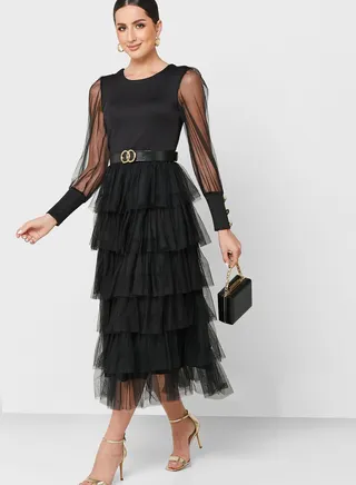 Mesh Sleeve Tiered Dress