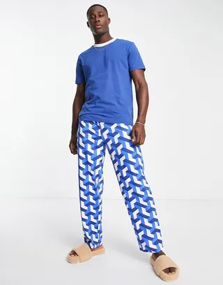 ASOS DESIGN pajama set in with t-shirt and pants in blue print
